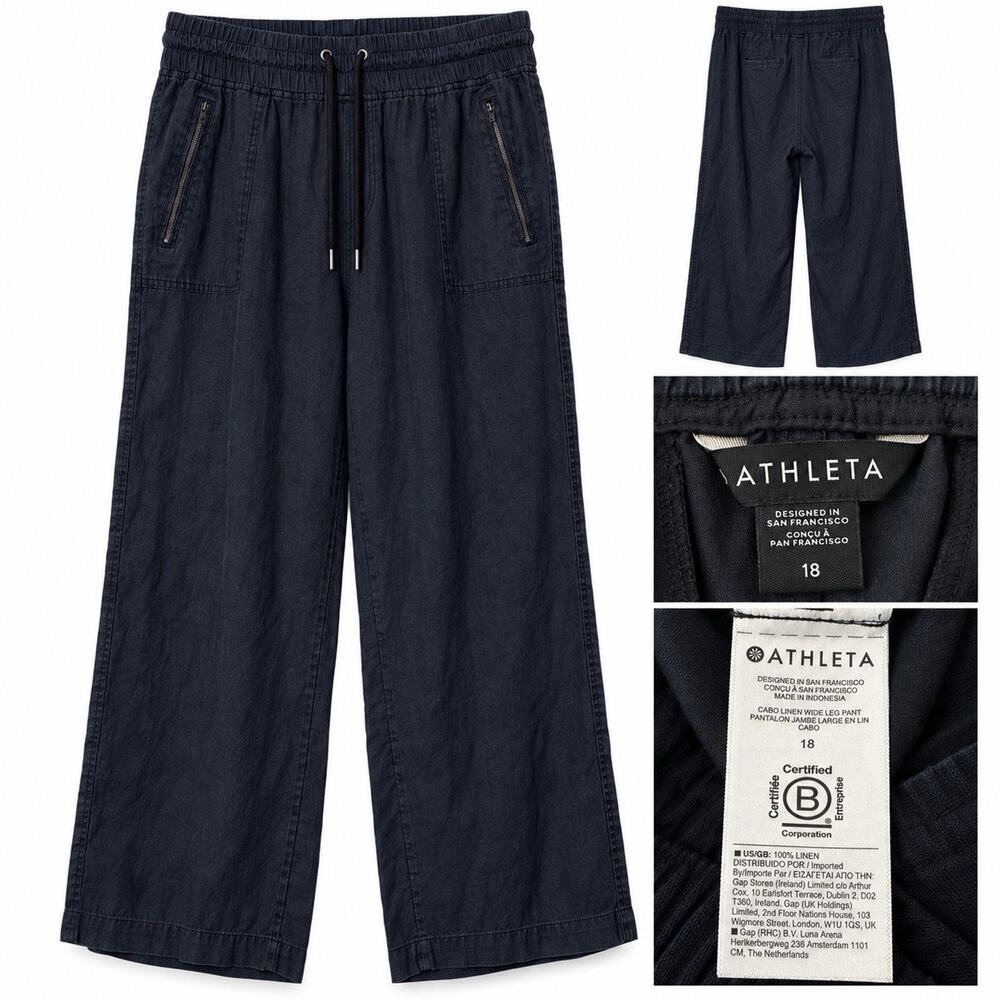 Athleta Cabo Wide Leg 100% LINEN Pants Black Size 18 Long Drawstring Pull